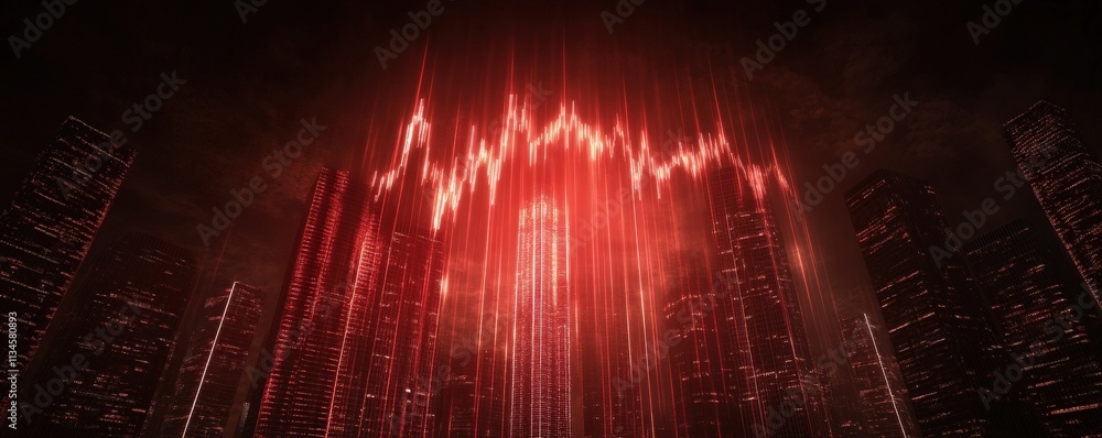 Poster a vibrant display of red lights resembling a city skyline, creating a dynamic and energetic atmosphe
