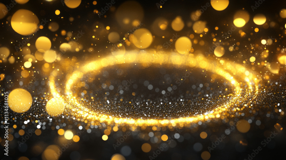 Aufkleber golden glowing circle frame with glitter sparkle on black background. realistic vector illustration 