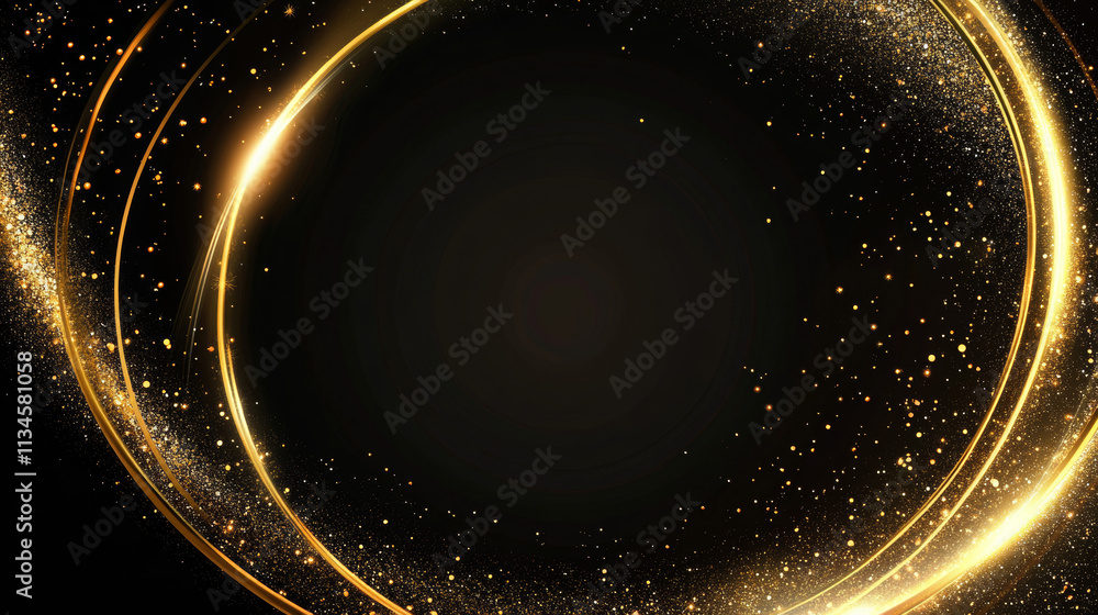 Aufkleber golden glowing circle frame with glitter sparkle on black background. realistic vector illustration 