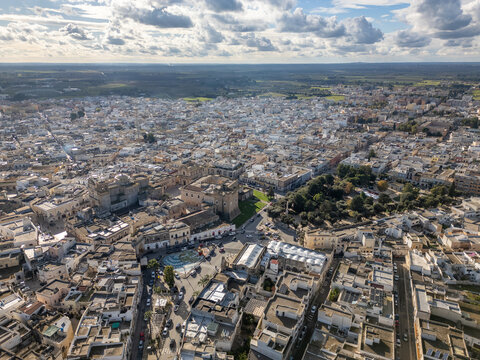 Aerial drone view of the southern Italian town of Mesagne in Puglia.