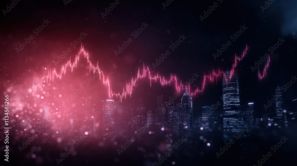 Poster a vibrant digital representation of a rising graph with city skyline in the background, showcasing t