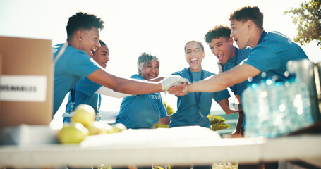 Team building, volunteer and charity as group for hands together, nonprofit project or community...