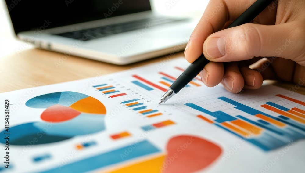 Aufkleber this closeup shows a hand gripping a pen analyzing colorful charts and graphs on a report, with a la