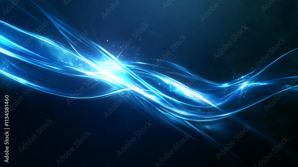 Poster Dynamic blue light waves create an ethereal visual effect in a dark backdrop