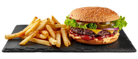 Beef Burger, Hamburger or Beefburger with Bacon, Fried Onions, Tomato Sauce, Pickled Cucumbers, Lettuce, Cheese and French Fries Garnish Isolated on White