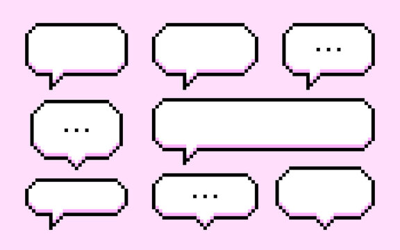 Set of pixel art speech bubbles. Various messages and dialog boxes on a pink background. Vector illustration