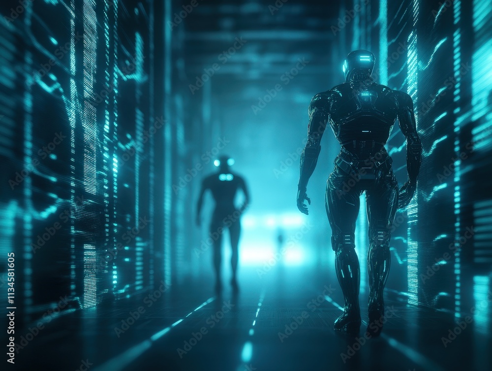Poster two futuristic robots walk through a dimly lit corridor, illuminated by glowing blue patterns and di