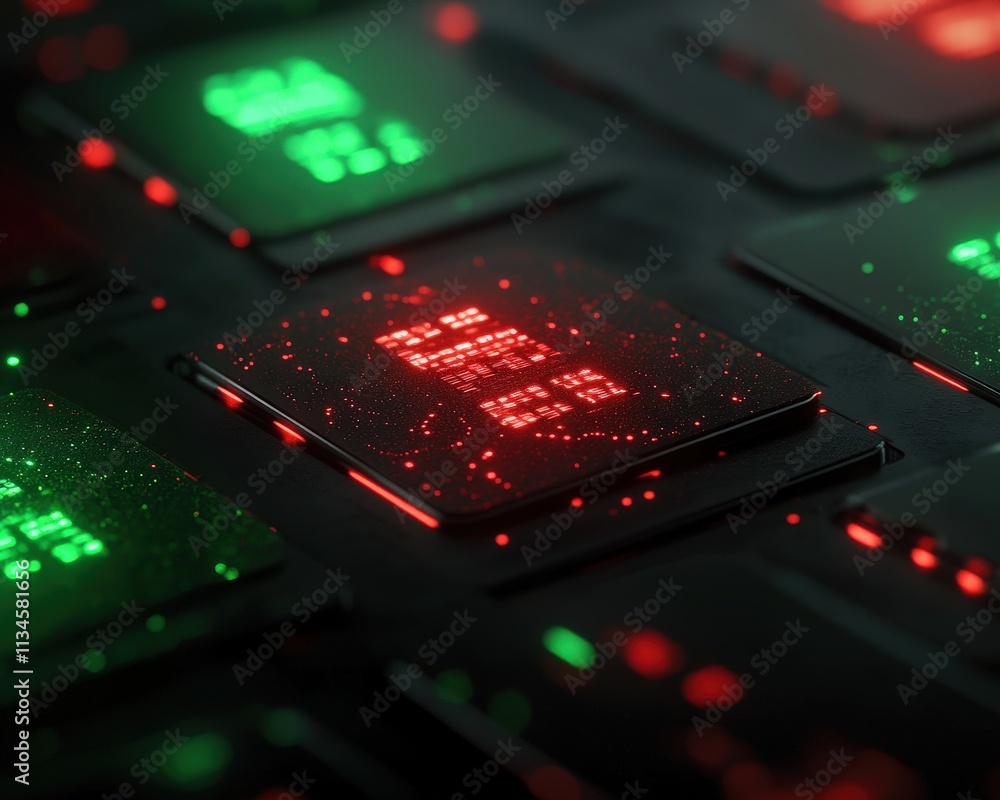 Poster a close-up view of computer chips illuminated with red and green lights, showcasing intricate design