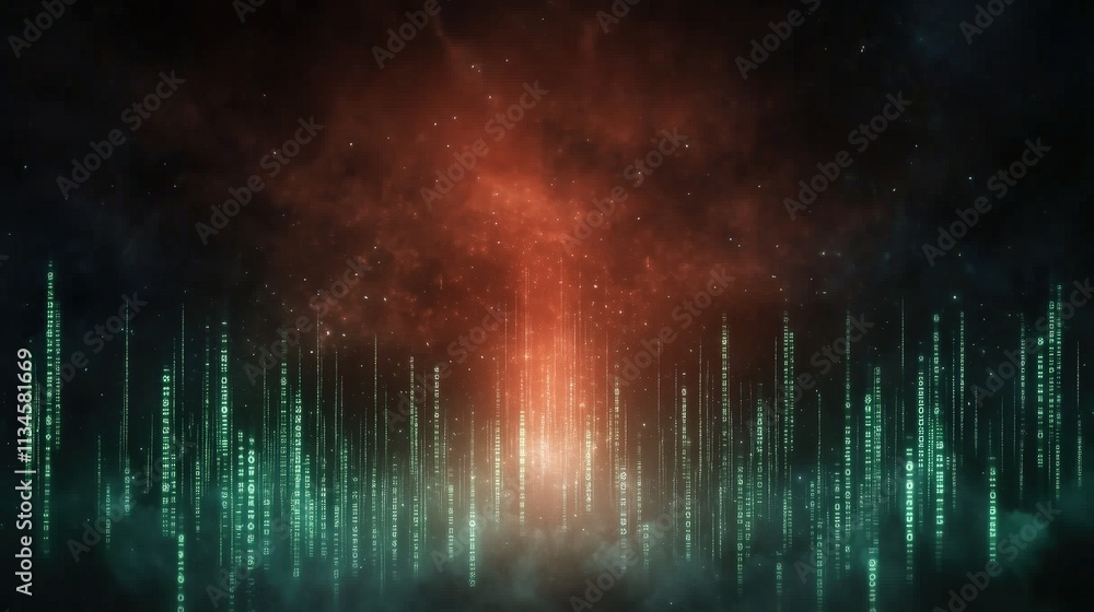 Poster a vibrant digital backdrop featuring cascading green data streams against a red and black cosmic bac
