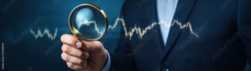 Poster a businessman examines a data graph through a magnifying glass, symbolizing analysis and scrutiny in