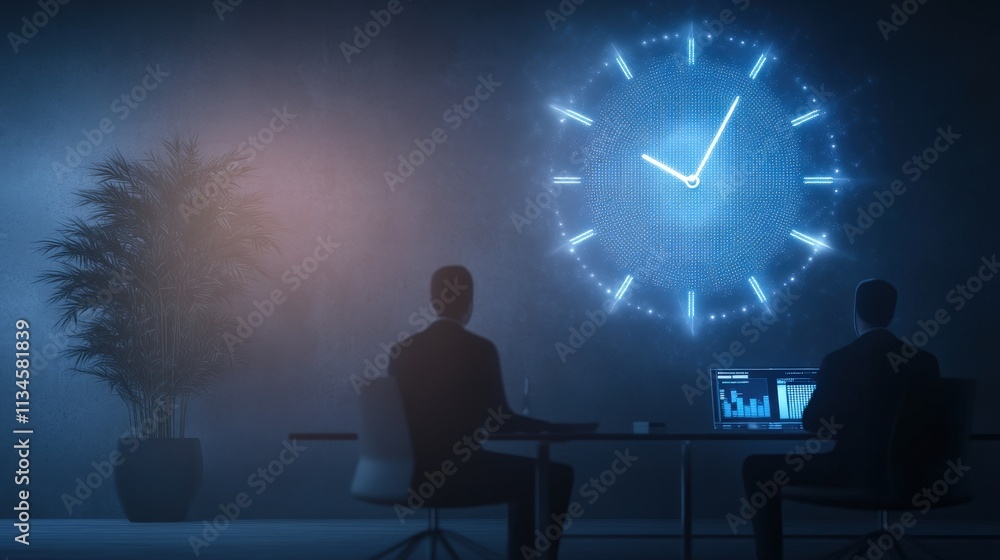 Aufkleber a modern workspace features two silhouettes, a digital clock, and a glowing screen, creating an atmo
