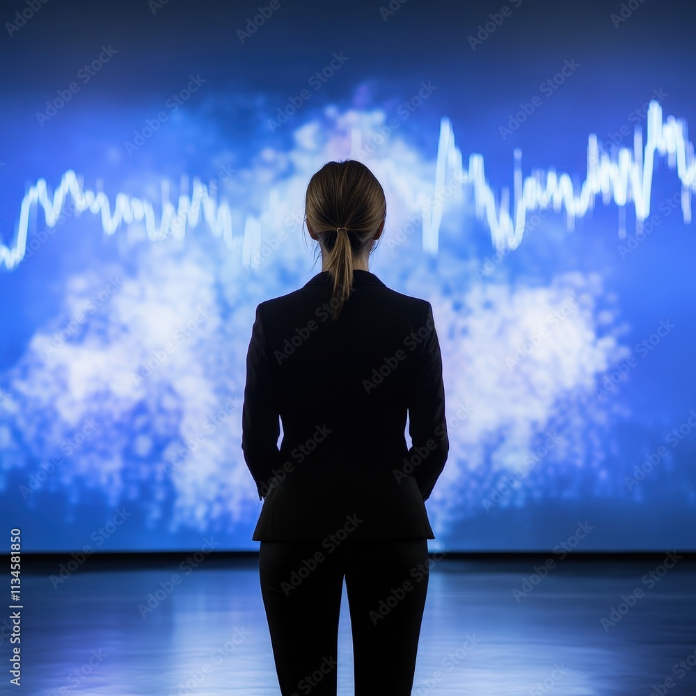 Poster a figure in a suit stands before a vibrant blue display featuring sound waves, creating a striking c