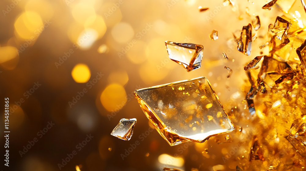 Aufkleber Golden shards of glass scatter amidst a warm, glowing backdrop, creating a striking visual display of light and color in the scene