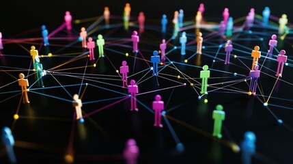 a social network connection with colorful human figures connected by lines on a black background, representing an online community and business networks concept. 