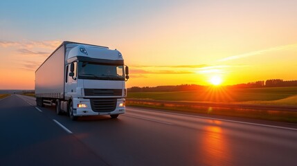 Obraz premium A large white semi truck is driving down a road at sunset