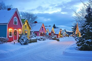 Fototapeta premium Colorful Winter Cottages Decorated for the Holidays