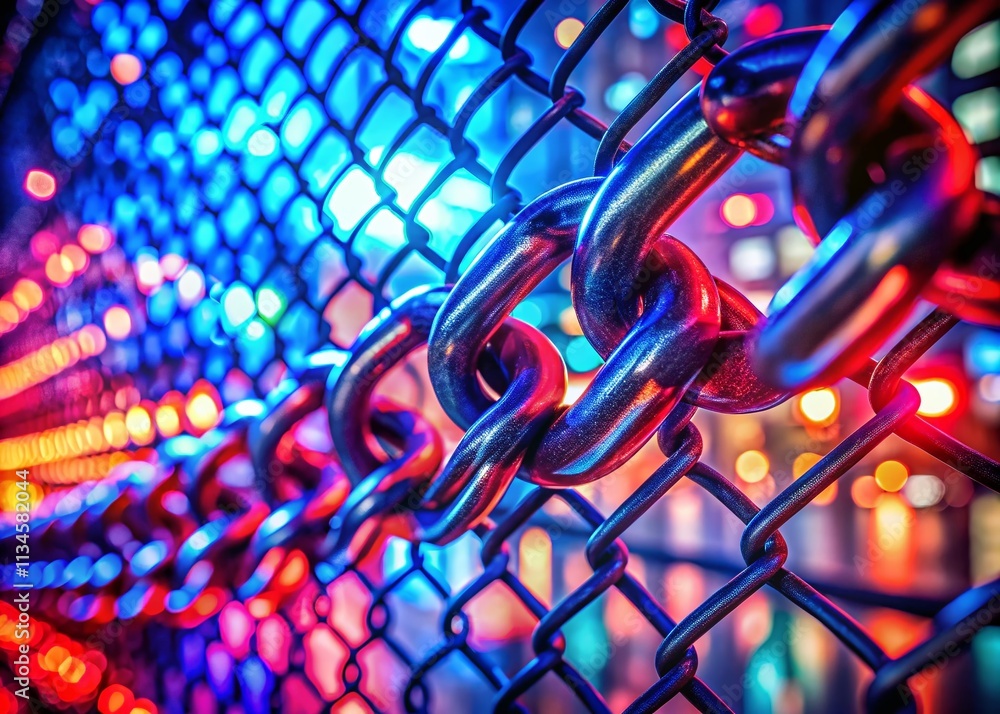 Poster abstract chain link design featuring dynamic blue and red lights in a double exposure style, capturi