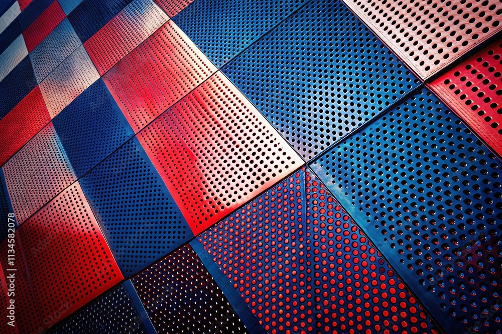 Poster Abstract Checkered Halftone Pattern in Red and Dark Blue with Rounded Square Dots – Minimalist Graphic Design for Modern Wallpaper Use in Pop Art Style