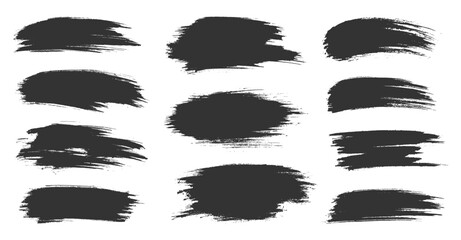 Black brush strokes set with uneven edges and rough textures. Bold smears, dynamic marks, textured smudges, irregular shapes. Features abstract lines with messy details, raw patterns, sharp edges