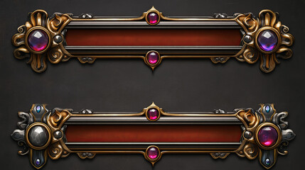 Empty circle silver and gold rank frames in medieval style for game ui design. Vector cartoon set of user interface elements, metal border with gems and red, purple buttons isolated on background