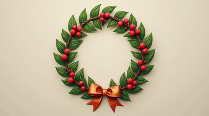 Circular Wreath Icon with Red Berries and Gold Ribbon