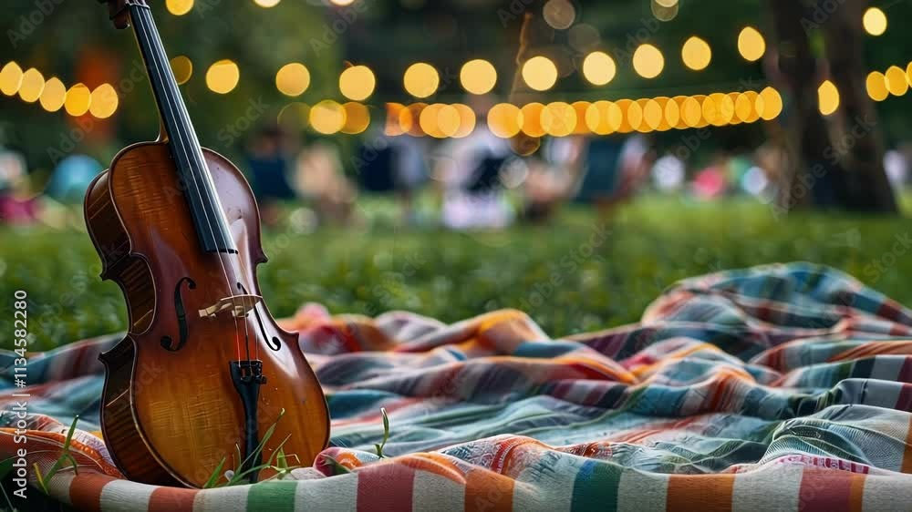 Poster the distant sound of instruments blends into a defocused backdrop of picnic blankets.