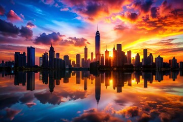 Fototapeta premium Abstract City Skyline at Sunset with Dynamic Reflections in Silhouette, Capturing Vibrant Colors and Shapes Against a Dazzling Evening Sky for Urban Aesthetic Photography