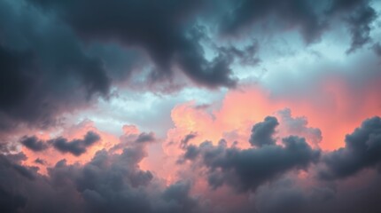 Naklejka premium Dramatic Sky at Sunset: A mesmerizing view of the sky as the sun sets, casting a warm glow on the clouds, creating a dramatic and colorful canvas.