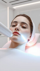 HIFU laser treatment shot laser to skin. Ulthera and beauty clinic concept. 3D rendering, with white tones