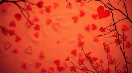 Heartfelt Valentine's Day: Romantic ambiance with red hearts scattered on an orange background, adorned with delicate branches. Perfect for Valentine's Day cards, romantic backgrounds.