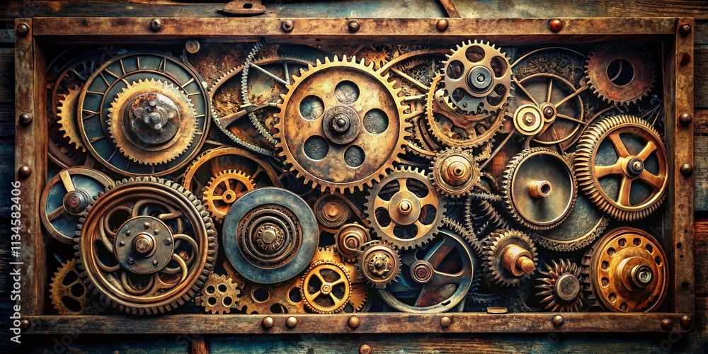 Poster abstract collage of old mechanisms in a box showcasing intricate gears, cogs, and timeworn elements 