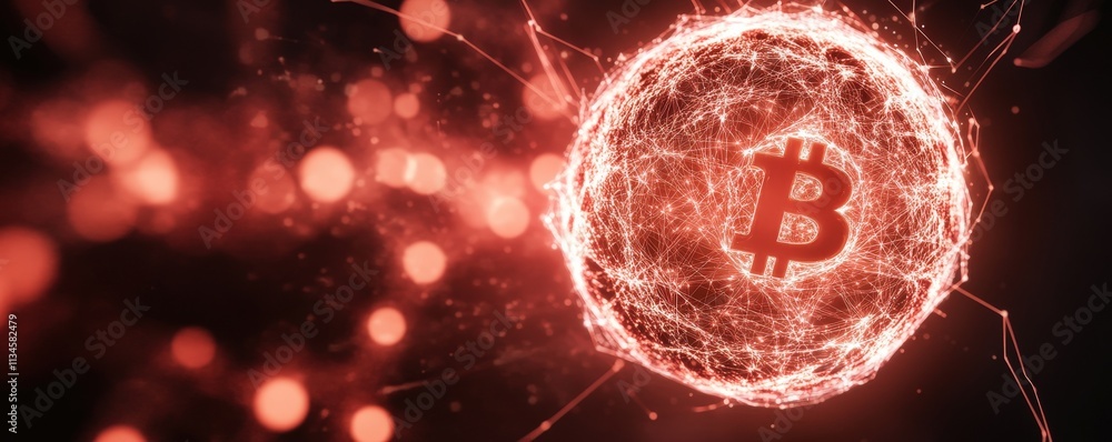Poster a digital representation of a bitcoin symbol surrounded by a web of glowing particles, illustrating 