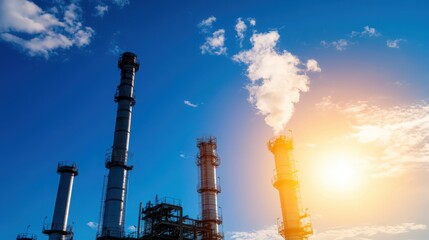 A large industrial plant with a large stack of smokestacks