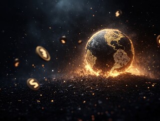 A glowing, digital representation of Earth surrounded by floating coins, symbolizing wealth and global finance in a dramatic, dark atmosphere.