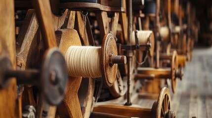Fototapeta premium Vintage Spinning Wheel Mechanism with Spools and Wooden Structure
