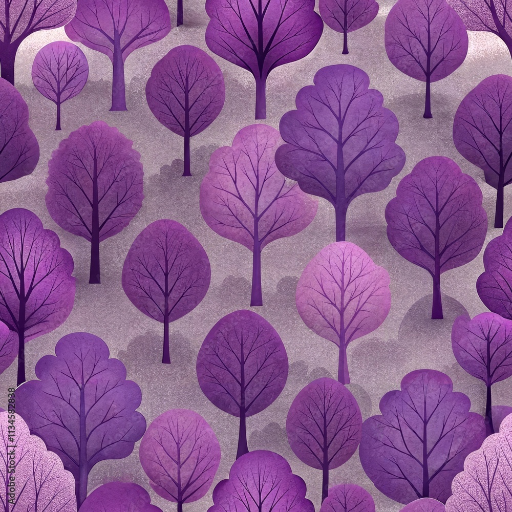 Poster seamless purple forest pattern with stylized trees on textured background