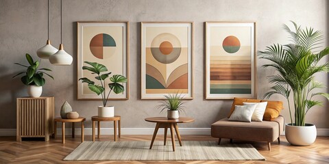 Abstract Creative Minimalist Hand Painted Mid Century Modern Art Print for Unique Wall Decoration, Poster Design, and Artistic Brochure Presentation in Soft Earthy Tones