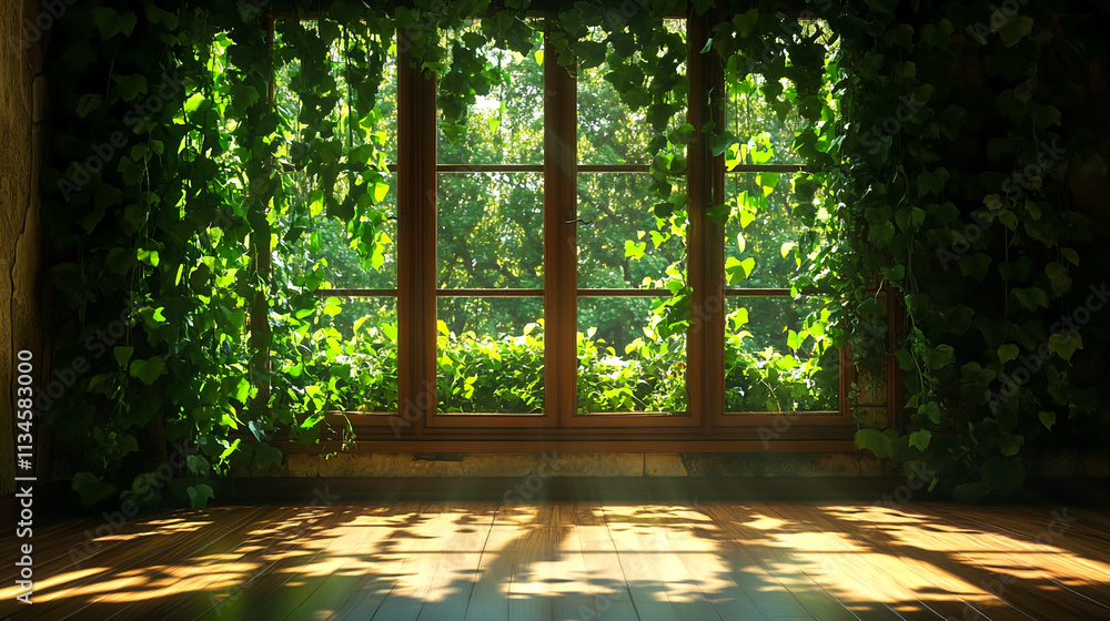 Aufkleber sunlight filters through a wooden window, illuminating a room filled with lush green vines in a sere