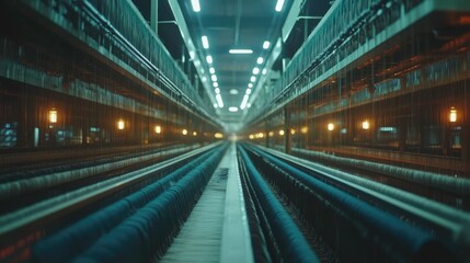 Industrial Textile Factory Interior View with Machinery and Lights