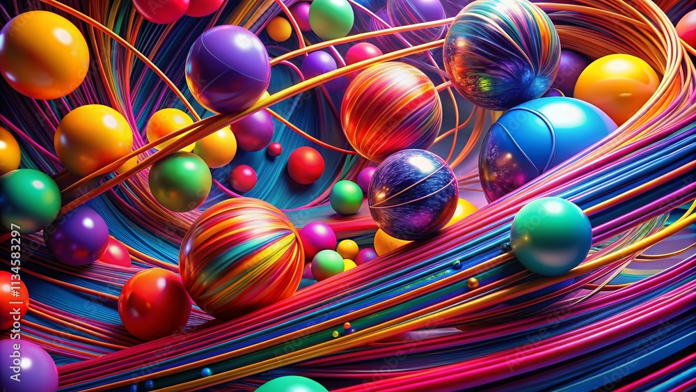 Poster abstract digital art featuring intertwined lines and colorful spheres in a vivid composition explori
