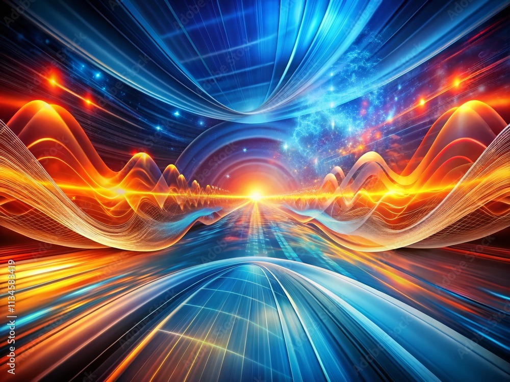Poster abstract digital background with vibrant lines and waveforms in blue and orange hues, perfect for te