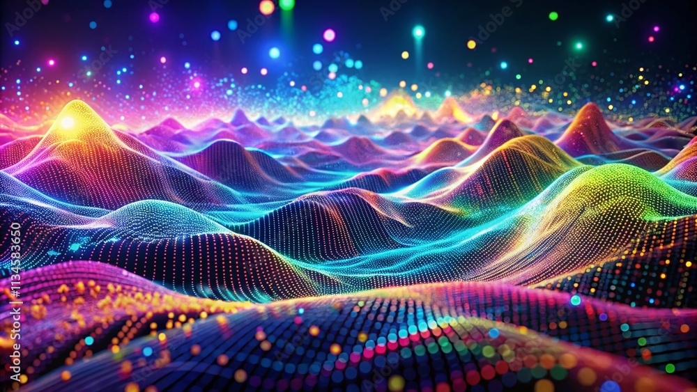 Poster abstract digital landscape with vibrant neon waves and dots symbolizing data flow and technology in 