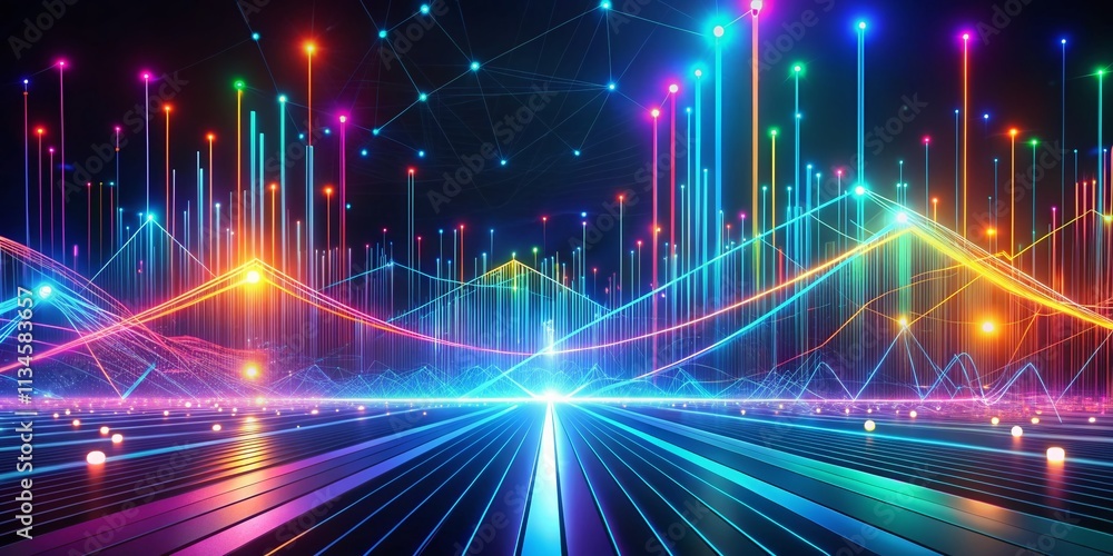 Poster abstract digital landscape with glowing neon lines and dots representing technology, data flow, and 