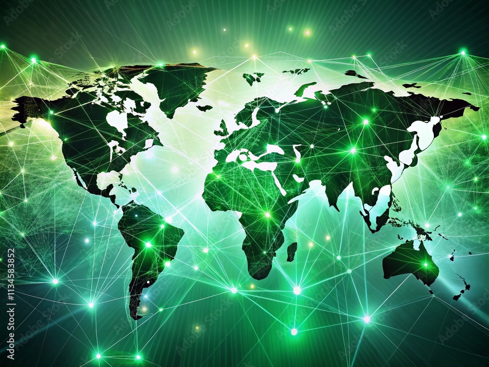 Poster abstract digital world map with green glowing light effects and global network connections for techn