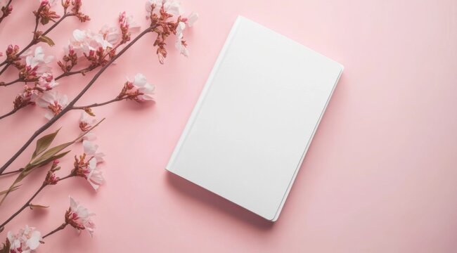 White hardcover notebook mockup with floral elements on the left side, floating in space against a pastel background. Mock-up template for a branding presentation.