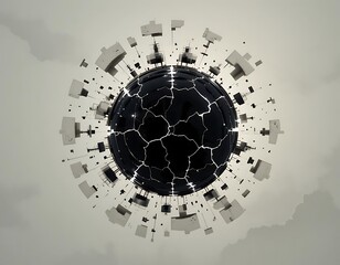 A silhouette of a fragmented sphere with glowing edges 