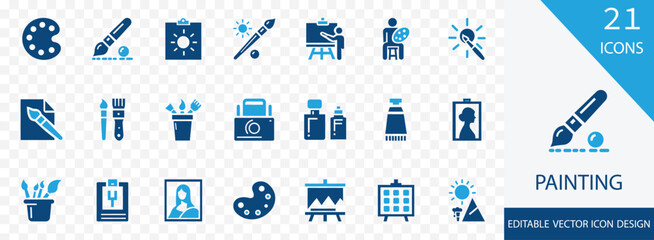 painting solid icon set. containing palette, art gallery, canvas, pictogram, roller, drawing, color and more vector design