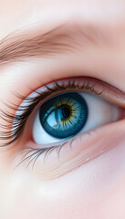 Fototapeta premium Close-up photo of a human eye with blue iris on a light background, reflecting a concept of beauty and detail, 8k, with white tones