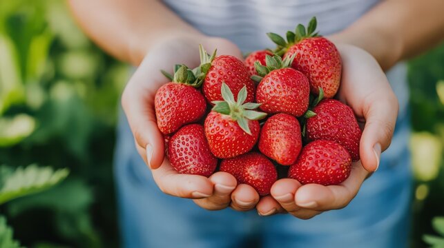 A person is holding a bunch of red strawberries in their hands