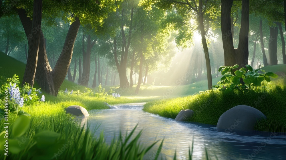 Aufkleber tranquil green forest scene with a gentle stream flowing through, providing a calm and refreshing ba